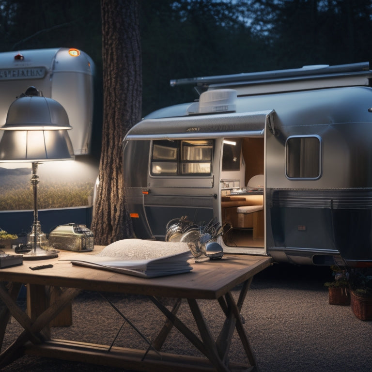 A vintage Airstream trailer surrounded by scattered blueprints, manuals, and wrenches, with a desk lamp shining down on a open manual, amidst a subtle background of camping scenery.