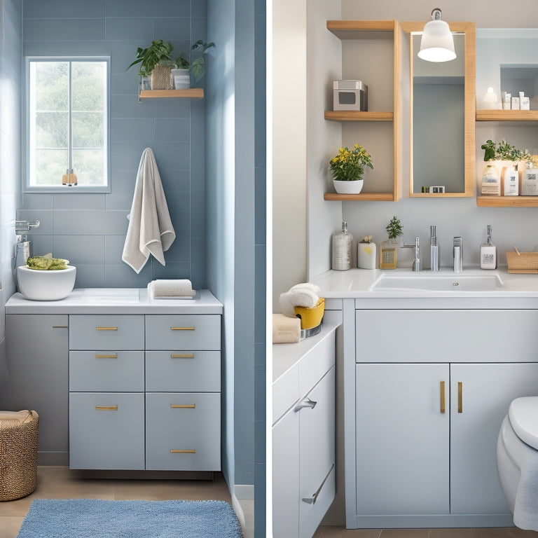 A clutter-free, modern bathroom with a wall-mounted cabinet, a pedestal sink with built-in storage, and a shower caddy holding toiletries, surrounded by a busy family's scattered personal items.