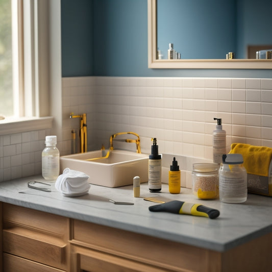 A bathroom vanity with a blank corner, a corner shelf packaging box on the countertop, and a few scattered tools, including a drill, level, and screwdriver, against a light-colored background.