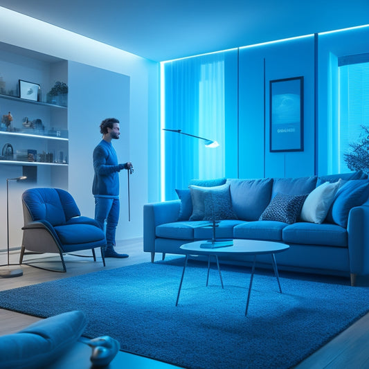 An image depicting a futuristic, minimalist living room with a person using a wearable exoskeleton, a smart cane, and a tablet with augmented reality visuals, surrounded by subtle, glowing blue lines.