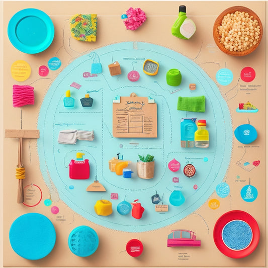 A colorful, whimsical illustration of a mind map spread across a corkboard, connecting household chores (represented by tiny icons of brooms, laundry baskets, and dishes) with radiating lines and bubbles, amidst a tidy, minimalist background.