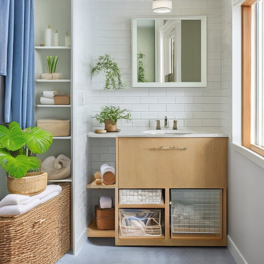 A modern bathroom with a sleek pedestal sink, surrounded by clever storage solutions: a slide-out drawer beneath the sink, a wall-mounted cabinet with glass shelves, and a woven basket tucked into a recessed nook.