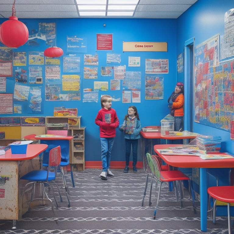 A colorful, organized classroom with a prominent, eye-catching restroom sign on the wall, featuring a bold red "Boys" and "Girls" icon, amidst tidy desks and cheerful student artwork.