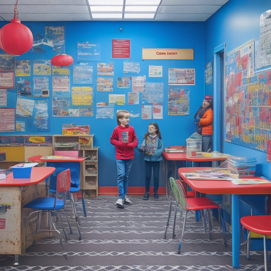 A colorful, organized classroom with a prominent, eye-catching restroom sign on the wall, featuring a bold red "Boys" and "Girls" icon, amidst tidy desks and cheerful student artwork.