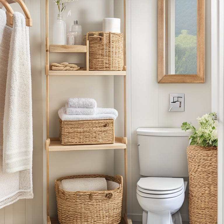 A clutter-free small bathroom with a compact shelving unit above the toilet, a woven basket near the sink, and a few rolled towels on a hanging rack, surrounded by calming beige and white tones.