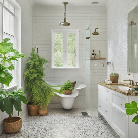 A serene bathroom with a walk-in shower featuring a rainfall showerhead, glass enclosure, and sleek, white subway tiles, surrounded by a freestanding tub, double sink vanity, and lush greenery.