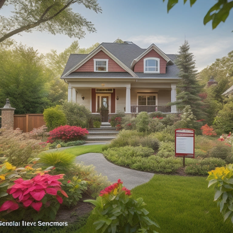 A serene suburban home with a "sold" sign, surrounded by lush greenery, with a subtle outline of a city permit application on a clipboard, with a red checkmark and a few colorful pens.