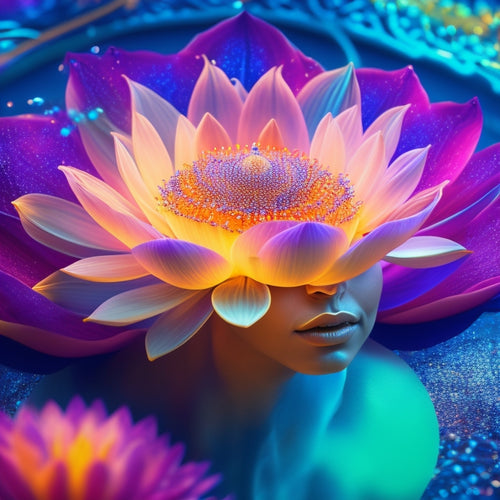 A vibrant, futuristic illustration featuring a glowing, iridescent human form emerging from a lotus flower, surrounded by swirling patterns of DNA helices, quantum dots, and blooming botanicals.