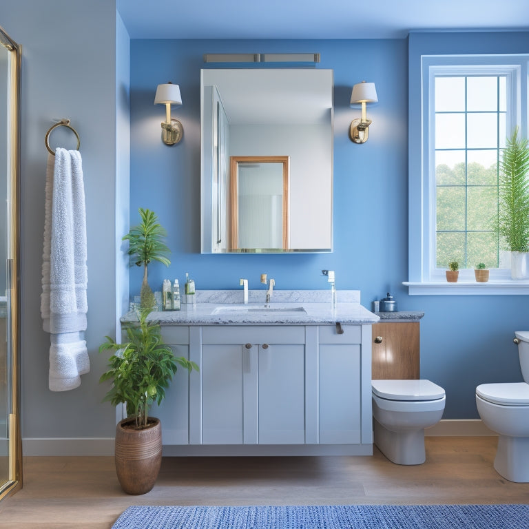 A clean, modern bathroom with a wall-mounted sink, exposed pipes, and a large mirror, showcasing various installation configurations, including a recessed medicine cabinet and a decorative wall niche.