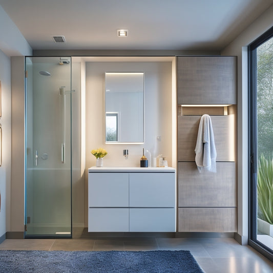 A modern, sleek bathroom with a wall-mounted, LED-lit cabinet featuring a sliding glass door, adjacent to a floor-to-ceiling storage unit with pull-out baskets and a recessed, mirrored medicine cabinet.