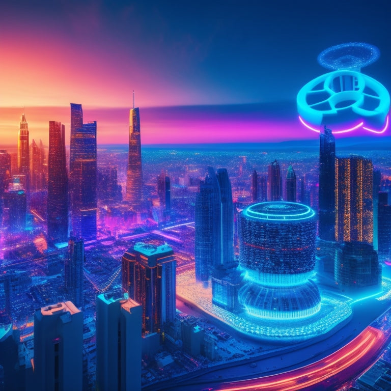 A futuristic cityscape at dusk with sleek skyscrapers, neon lights, and holographic projections, featuring a giant, glowing puzzle piece fitting into place, surrounded by orbiting gears and coins.
