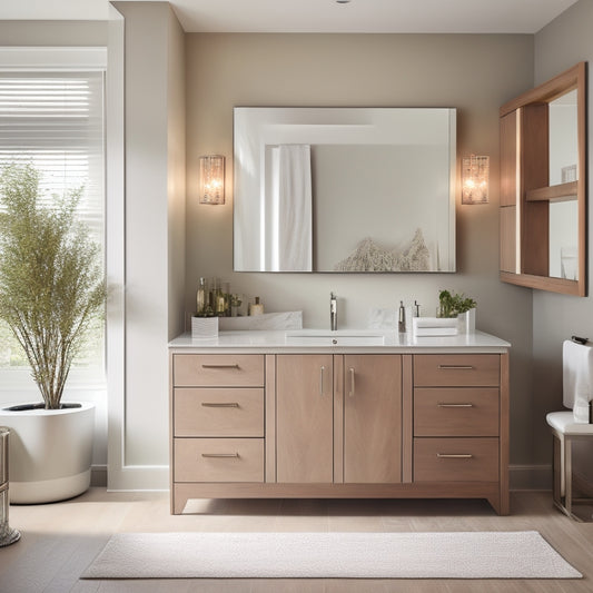 A sleek, modern bathroom featuring a floating vanity with pull-out drawers, a mirrored cabinet with built-in lighting, and decorative baskets neatly tucked under a freestanding tub, all in a serene color palette.