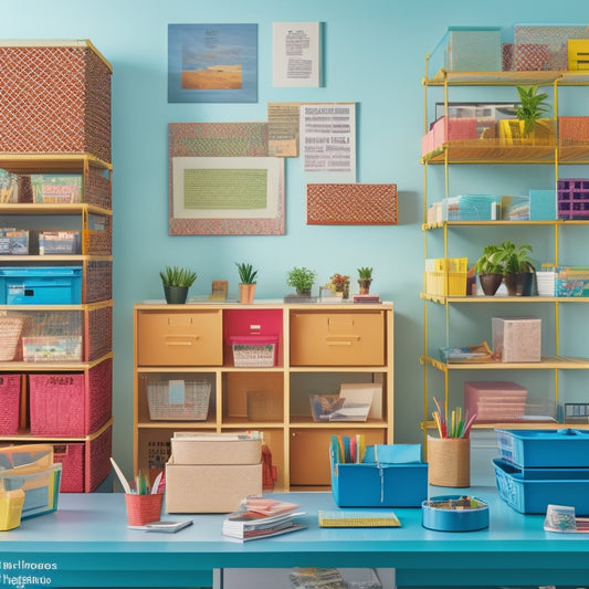 A colorful and clutter-free office space with dollar store baskets of varying sizes and shapes, organized on shelves and desks, holding office supplies, papers, and plants.