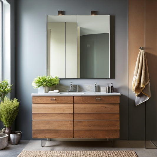 A modern bathroom with a custom-built vanity featuring a reclaimed wood countertop, vessel sink, and minimalist metal legs, surrounded by sleek grey walls and a large mirror.