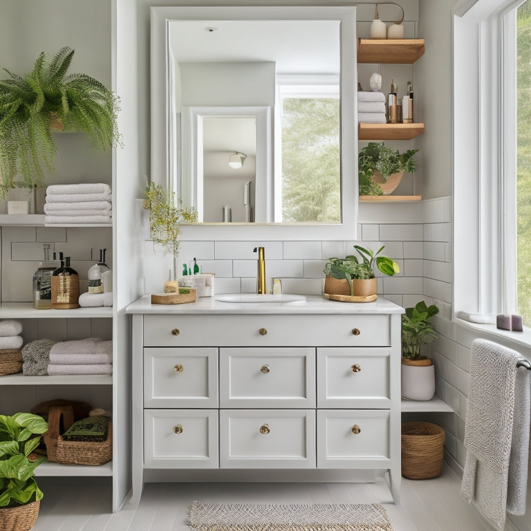 A cozy bathroom featuring vertical shelves, under-sink drawers, wall-mounted baskets, and a mirrored cabinet, all filled with neatly organized toiletries, towels, and plants, showcasing a clean and decluttered space.