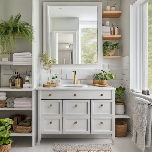 A cozy bathroom featuring vertical shelves, under-sink drawers, wall-mounted baskets, and a mirrored cabinet, all filled with neatly organized toiletries, towels, and plants, showcasing a clean and decluttered space.
