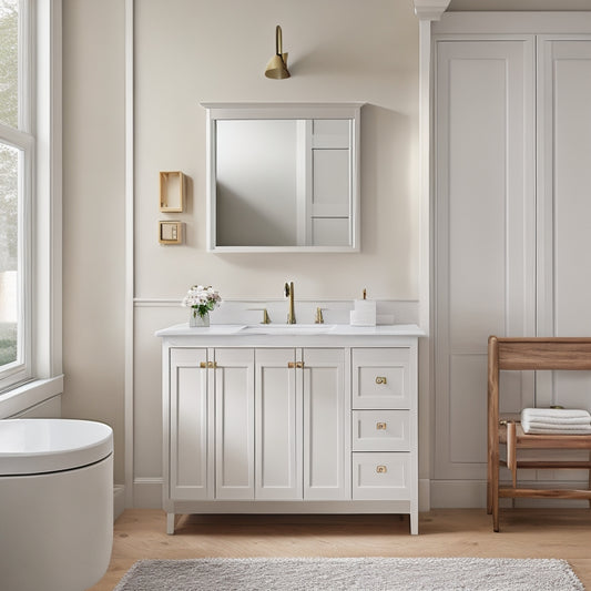 A serene, minimalist bathroom featuring a wall-mounted Shaker cabinet with clean lines, flat panels, and a subtle crown molding, set against a soft, creamy white background with natural wood accents.