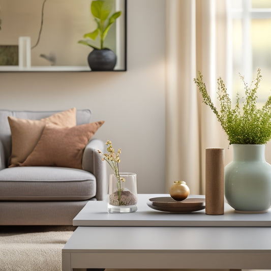 A serene, minimalist living room with a few, carefully selected decorative items, a sleek, low-profile bookshelf, and a vase with a single, long-stemmed flower on a clutter-free coffee table.