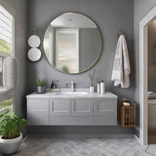 A modern bathroom with sleek, gray walls and a large, circular mirror above a floating vanity, surrounded by a variety of design tools and samples, including tile swatches and a 3D model.