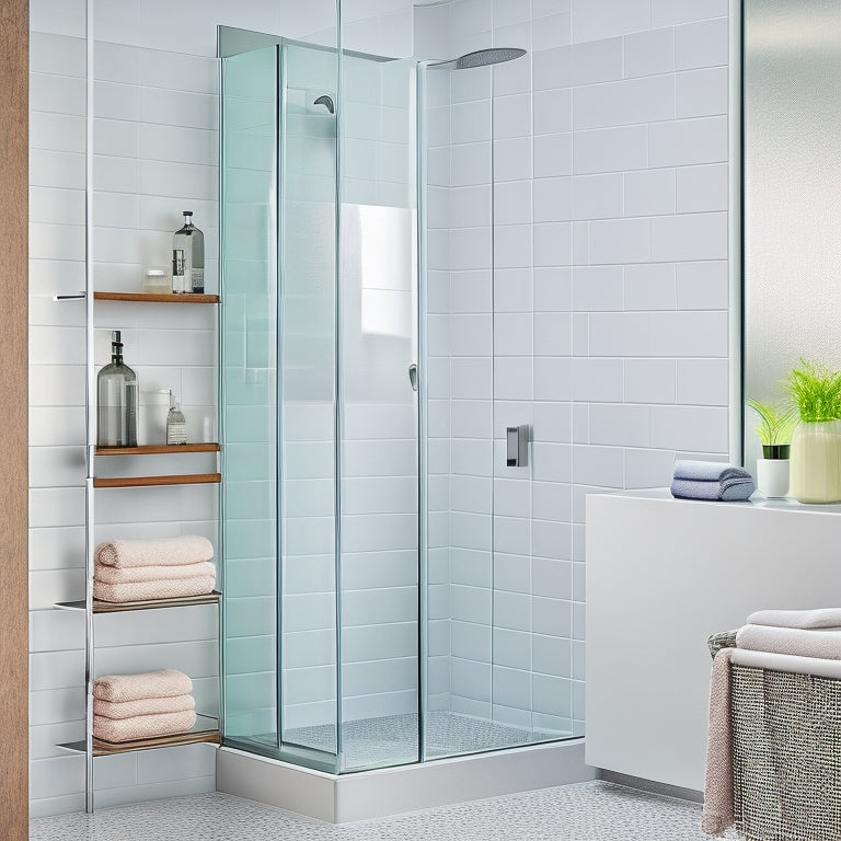 A tranquil, modern shower with white tile walls and a glass door, featuring sleek, polished chrome corner shelves holding rolled towels, soap, and a few decorative pebbles.