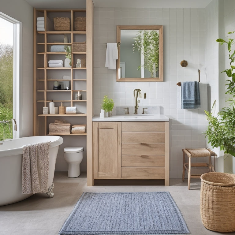 A serene, well-lit bathroom with a minimalist aesthetic, featuring a wall-mounted cabinet, a freestanding tub, and a floor-to-ceiling storage unit with open shelving and woven baskets.