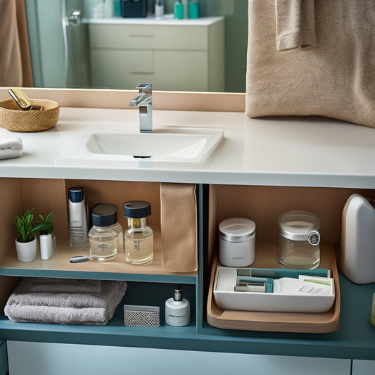 A tidy, modern bathroom with a partially open drawer revealing a set of custom-fit, soft-close dividers and inserts, holding neatly organized toiletries, cosmetics, and grooming tools.