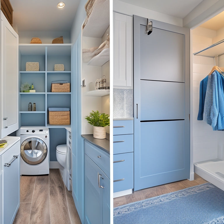 A bright, modern townhouse bathroom with a renovated closet featuring a floor-to-ceiling shelving unit, sliding glass doors, and a built-in laundry area with a compact washer and dryer.