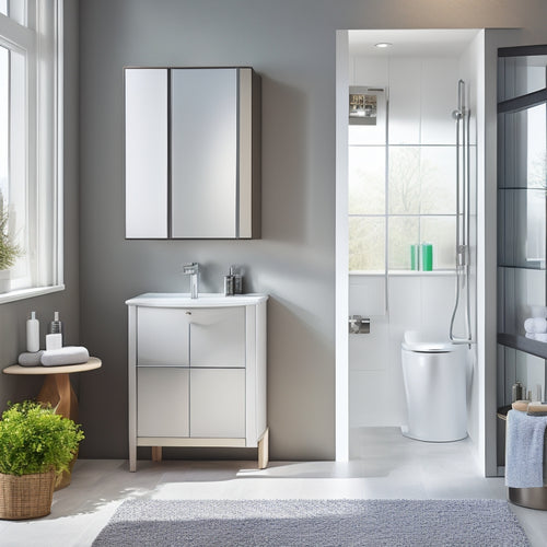 A sleek, modern bathroom with a wall-mounted, glass-door cabinet above the toilet, accompanied by a matching floating shelf and a freestanding, curved storage unit with a polished chrome handle.