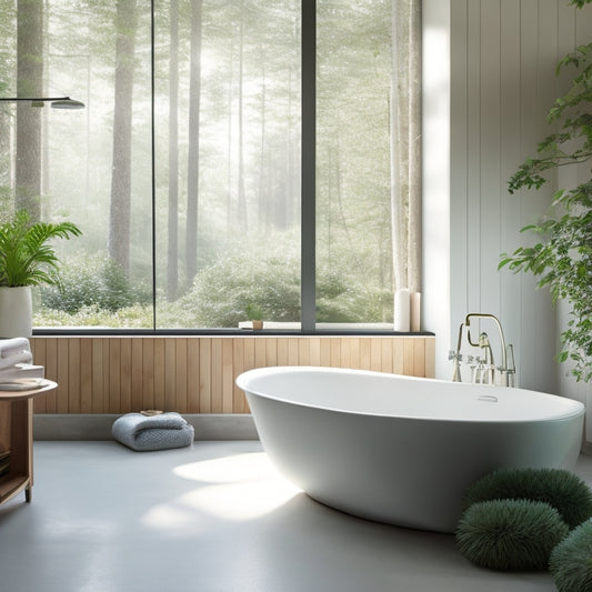 A serene, minimalist bathroom with a freestanding tub, surrounded by lush greenery, soft natural light, and a few carefully placed, spa-inspired decorative elements, evoking a sense of calm and rejuvenation.