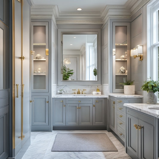 A sleek, modern bathroom with seven floor-standing cabinets in varying heights and widths, with mirrored doors, glass shelves, and ornate hardware, surrounded by a calming grey and white marble backdrop.