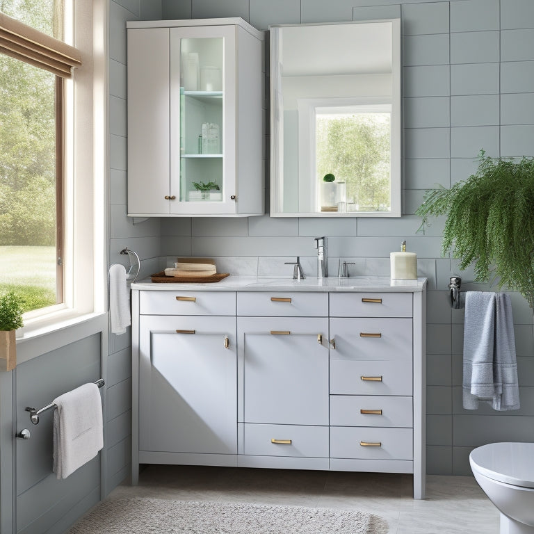 A serene bathroom with a wall-mounted cabinet featuring frosted glass doors, a recessed medicine cabinet, and a woven basket storage unit beneath a modern sink with a sleek faucet.