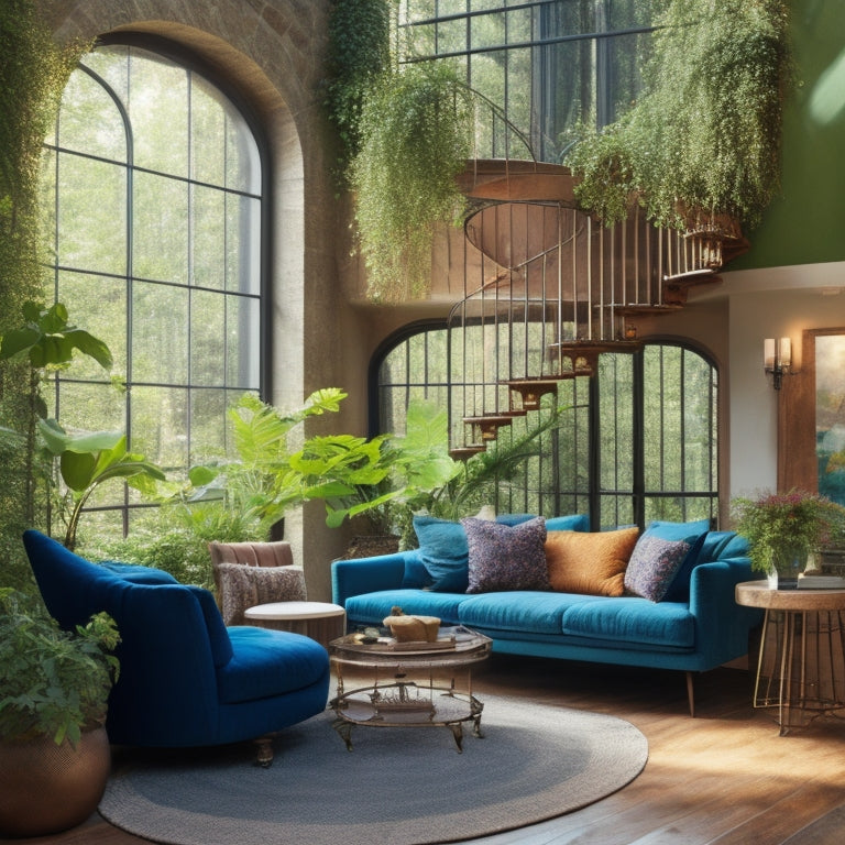 A serene living room with lush greenery, reclaimed wood accents, and natural stone walls, illuminated by floor-to-ceiling windows, with a spiral staircase curving upwards, surrounded by vibrant plants.