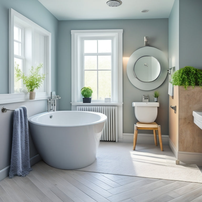 A serene, compact bathroom with a white, curved freestanding tub as the centerpiece, surrounded by gray, hexagonal floor tiles, a floating vanity, and a large, circular mirror.