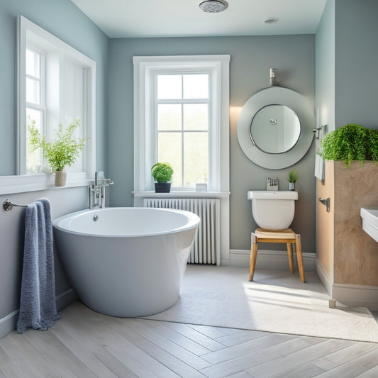 A serene, compact bathroom with a white, curved freestanding tub as the centerpiece, surrounded by gray, hexagonal floor tiles, a floating vanity, and a large, circular mirror.