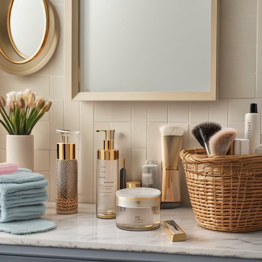 A beautifully styled, well-lit bathroom countertop with a mix of decorative and functional storage containers, baskets, and trays holding various beauty products, skincare tools, and makeup brushes.