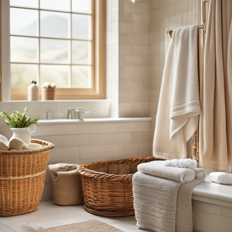 A serene bathroom scene featuring bamboo towel racks, neatly rolled organic cotton towels in earthy tones, and a rustic wicker basket. Soft natural light filters through a frosted window, enhancing a calming, eco-friendly atmosphere.