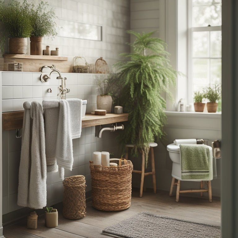 A serene bathroom scene with a child-sized sink, toilet, and stool, surrounded by woven baskets, a wooden towel ladder, and a greenery-adorned shelf, illuminated by soft natural light.