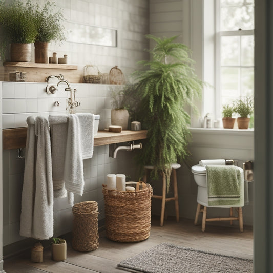 A serene bathroom scene with a child-sized sink, toilet, and stool, surrounded by woven baskets, a wooden towel ladder, and a greenery-adorned shelf, illuminated by soft natural light.