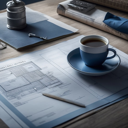 A close-up of a blueprints laid out on a wooden desk, with a sleek, silver Blueprint Holder standing upright, holding the rolled plans in place, surrounded by architectural tools and a cup of steaming coffee.