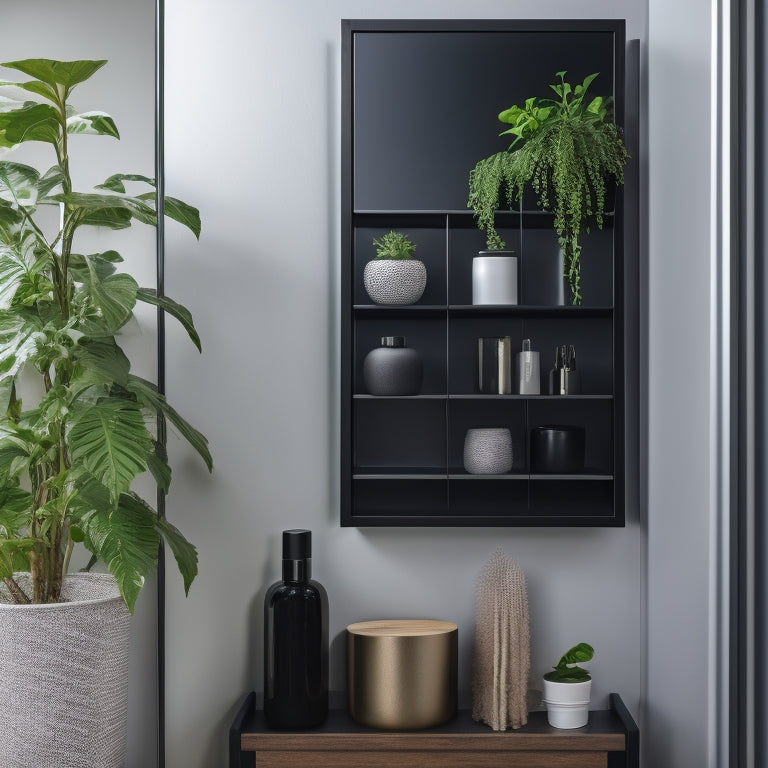 A sleek black wooden storage organizer with clean lines and minimalist hardware, situated in a modern bathroom with white walls and a large mirror, surrounded by lush greenery.