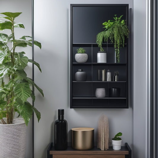A sleek black wooden storage organizer with clean lines and minimalist hardware, situated in a modern bathroom with white walls and a large mirror, surrounded by lush greenery.