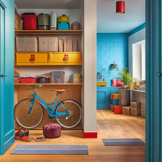 A cluttered, narrow hallway with a bicycle, toolbox, and boxes stacked haphazardly, contrasting with a calm, organized adjacent room featuring a sleek, wall-mounted shelving unit and a compact, hidden storage ottoman.