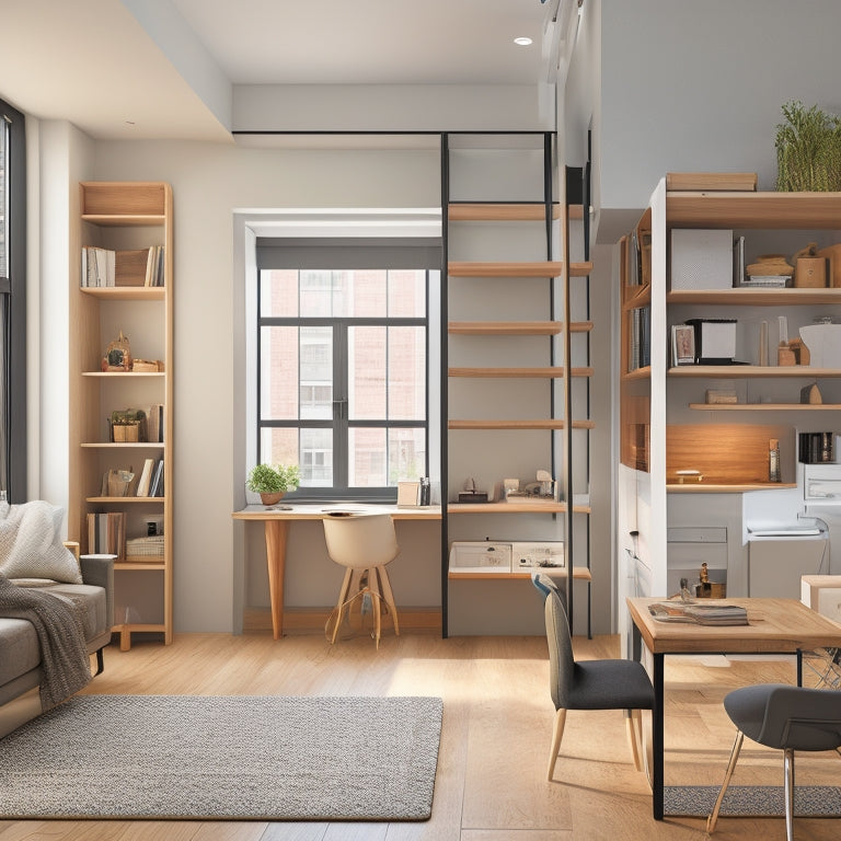 A clutter-free studio apartment with a Murphy bed, a compact desk, and a ladder-leading loft storage area, surrounded by minimalist decor and cleverly concealed storage compartments.