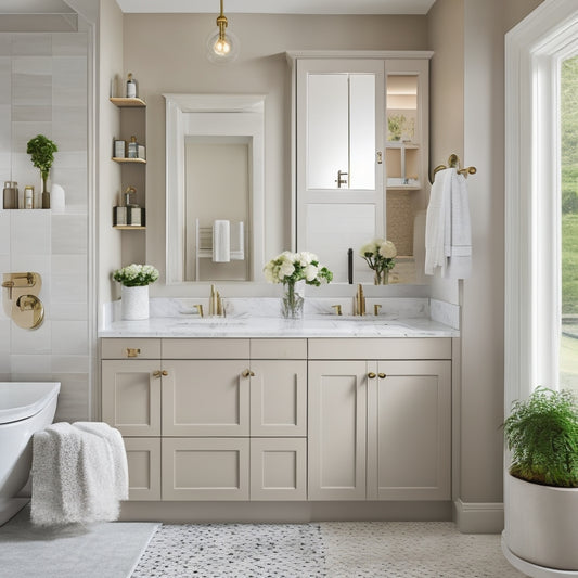 A serene, modern bathroom with a neutral color palette, featuring a double sink vanity with a built-in, wall-mounted cabinet, a recessed medicine cabinet, and a countertop with a tiered tray organizer and a soap dispenser.