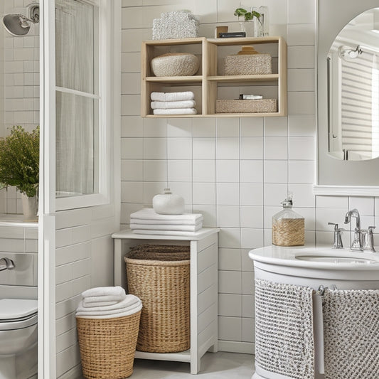 A tidy, white, and gray bathroom with a corner shelf unit featuring woven baskets, a pedestal sink, and a large mirror, showcasing creative storage solutions for a clutter-free space.