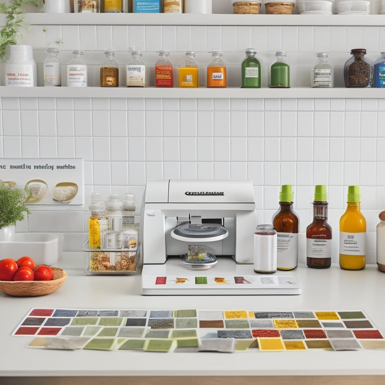 A tidy kitchen countertop with a Cricut machine, a roll of white vinyl, and various spice bottles with colorful, meticulously arranged labels, surrounded by scattered spices and a few stray label scraps.