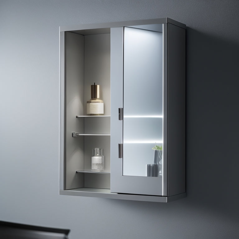 A minimalist, wall-mounted cabinet with clean lines, LED lighting, and a mirrored door, featuring a sleek, silver handle and a subtle, illuminated display shelf for showcasing small decorative items.