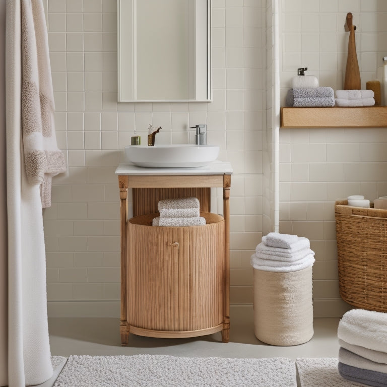 A serene, minimalist bathroom with a pedestal sink, a small, wall-mounted cabinet, and a woven storage basket on the floor, filled with rolled towels and a few decorative bottles.