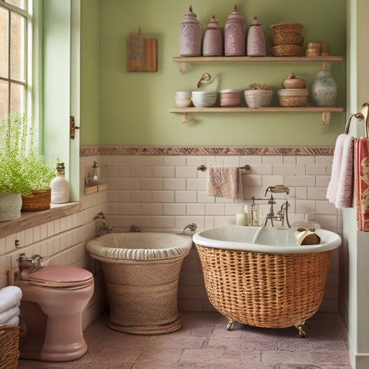 A quaint vintage bathroom featuring rustic wooden shelves filled with antique jars and delicate china, a small wicker basket for toiletries, and a charming clawfoot tub, all set against pastel-colored walls and ornate tiles.