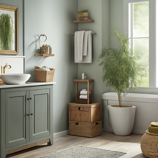 A serene bathroom with a sleek, wall-mounted cabinet featuring adjustable shelves, a pedestal sink with built-in storage, and a woven basket near a freestanding tub, surrounded by calming greenery.